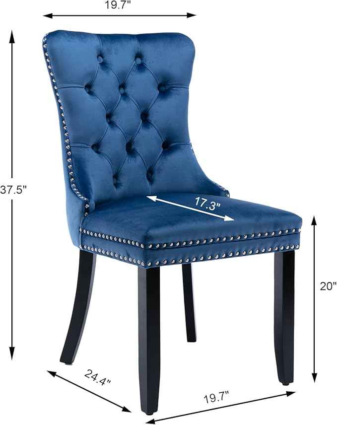Upholstered Dining Chairs Set of 6, Velvet Dining Room Chairs with Back Ring Pull Trim and Solid Wood Legs, Tufted Wingback Kitchen Chair Perfect for Dining Room,Living Room,Kitchen(Blue)