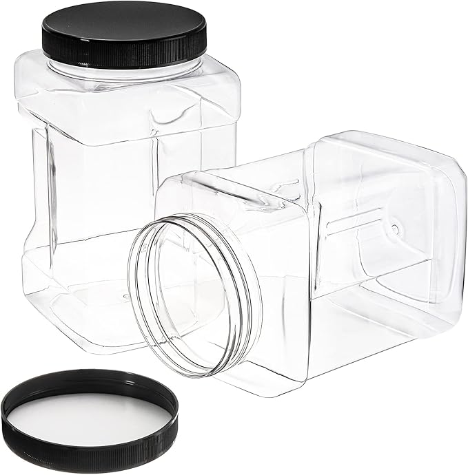 Lawei 3 Pack Square Clear Plastic Jars, 98 Oz Wide Mouth Storage Containers with Screw-On Lids, Refillable BPA Free Empty PET Jars for Dry Goods Peanut Cookies Candy, Easy Grip Airtight Storage Jar