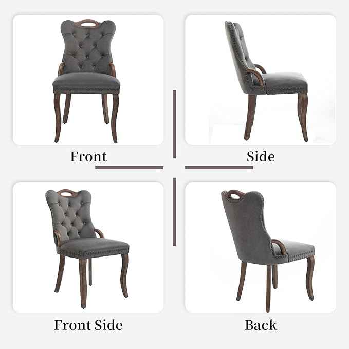 Grey Velvet Dining Chairs Set of 4，Modern Upholstered Dining Room Chairs with Tufted Back and Wood Accents, Curved Solid Wood Legs & Nailhead Trim, Sillas De Comedor Modernas 4