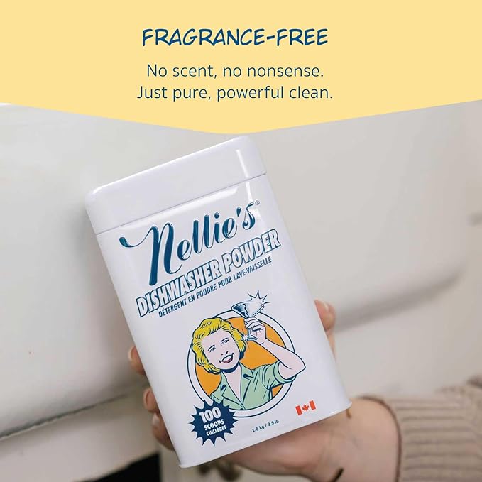 Nellie's Dishwasher Powder - Tough on Food Residue, Plant-Based Ingredients, Spotless Clean, High-Efficiency Dishwashing Solution - 100 Scoop Tin - (Made in Canada)
