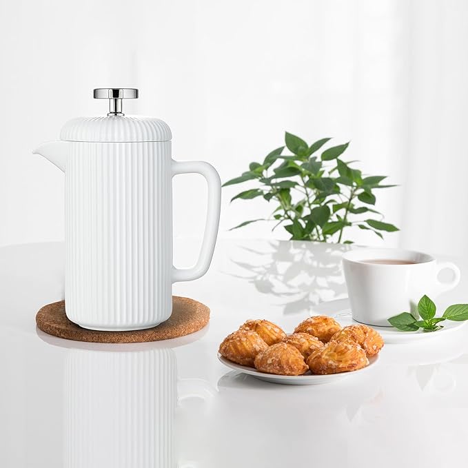 Easyworkz Porcelain French Press 34 fl oz, Coffee Tea Maker with Stainless Steel Plunger 1000 ml, Ivory