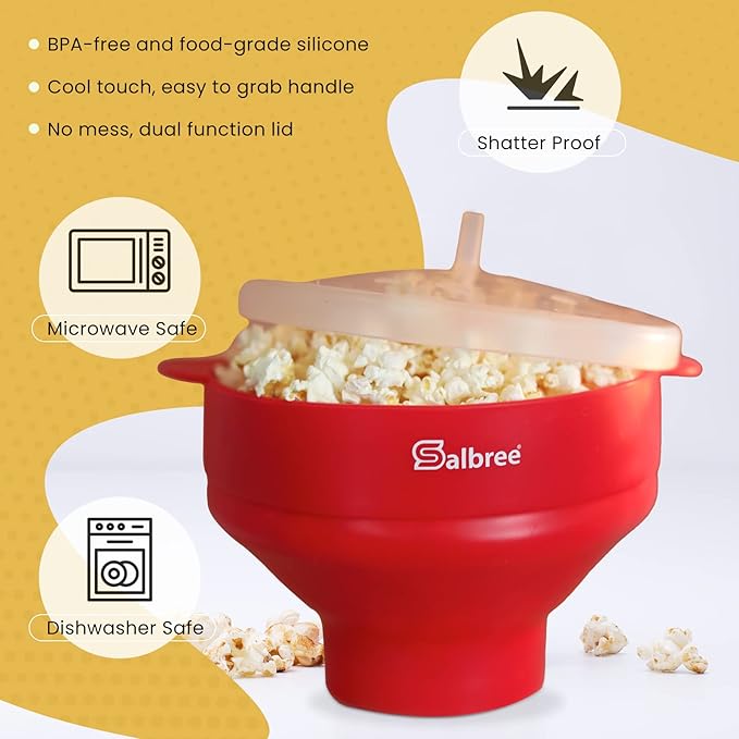 The Original Salbree Collapsible Silicone Microwave Popcorn Popper Maker Machine, Microwavable Bowl Holds 16 Cups, Uses Hot Air and Oil Always Optional - The Most Colors Available (Yellow)