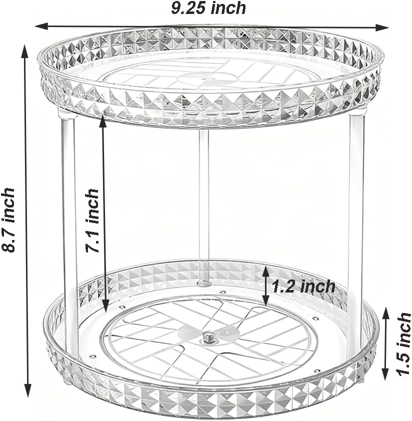 2 Tier Clear Lazy Susan Organizer for Fridge and Cabinet, 360° Rotating Makeup Organizer, Cosmetic Display Cases, Under Sink Turntable Organizer for Kitchen Bathroom Dorm