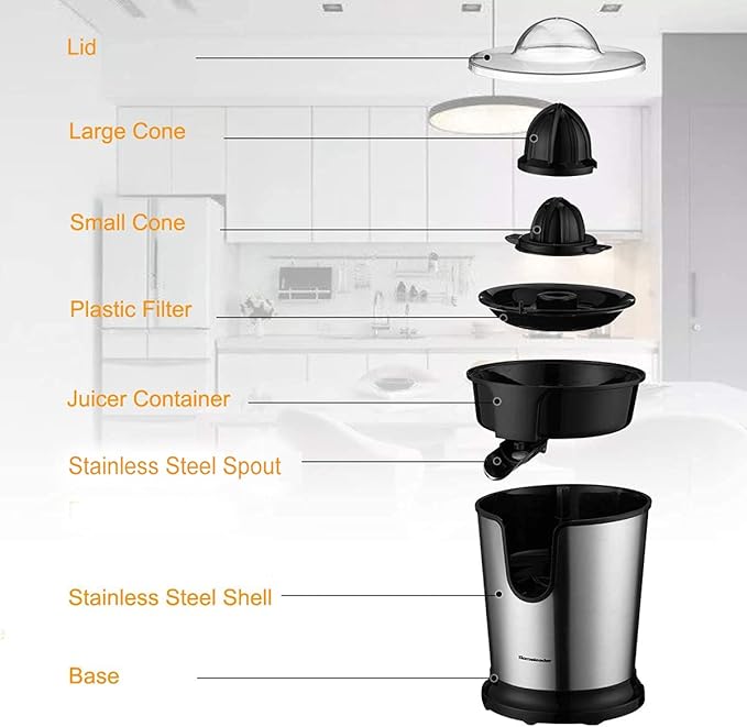 Homeleader Electric Citrus Juicer, Lemon Squeezer with Stainless Steel, Orange Squeezer with Two Cones, Powerful Motor for Grapefruits, Orange and Lemon, Black