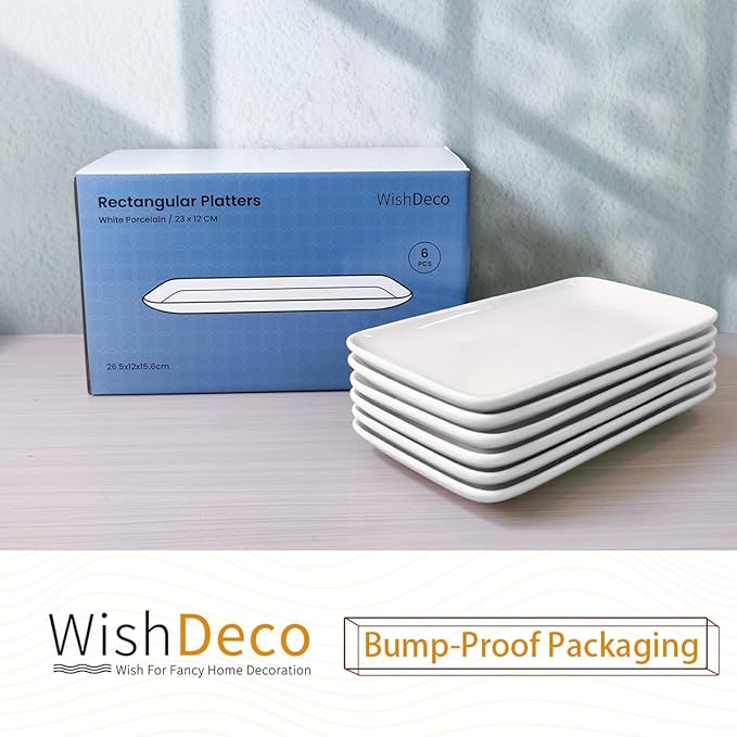 WishDeco Small Rectangle Plates Set of 6, White Serving Platters 9 inch, Ceramic Sushi Plates, Serving Plate for Appetizer, Dessert, Party, Microwave Safe