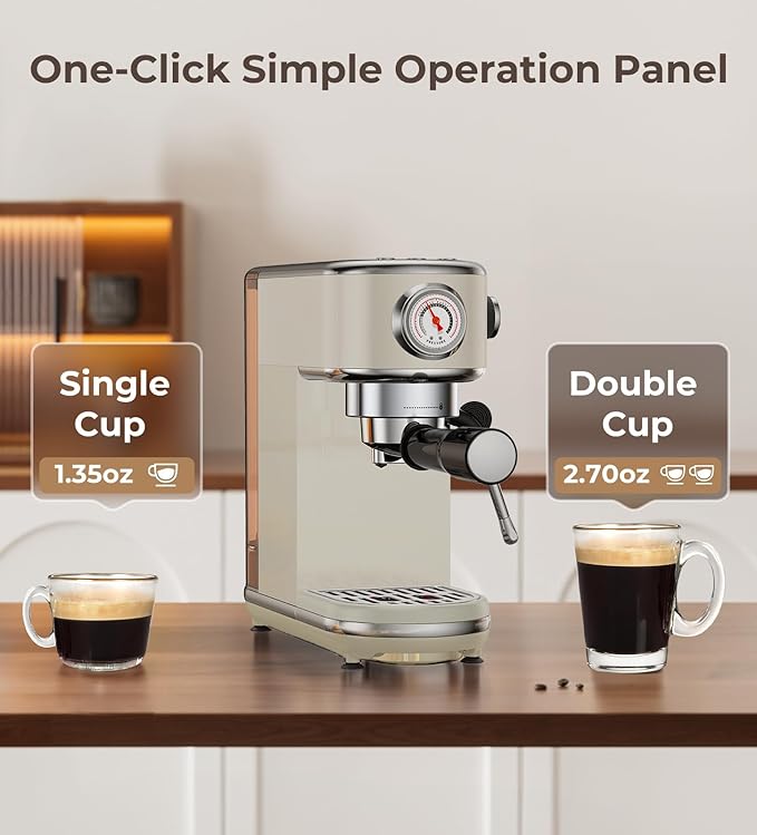 atatix 20 Bar Espresso Machine with Milk Frother, Compact Espresso Maker, Stainless Steel Coffee Machine with Precise Temp Control & 44oz Removable Water Tank for Latte, Cappuccino, Light Grey