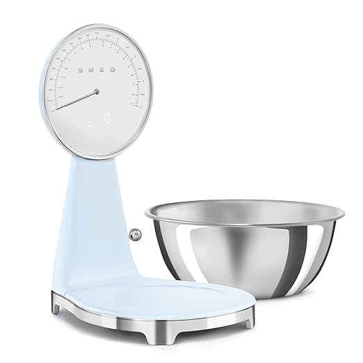 SMEG Retro-Style Analog & Digital Kitchen Scale, 11 lb Capacity, Rechargeable Battery, Backlit LCD Display, Stainless Steel Bowl (Pastel Blue)
