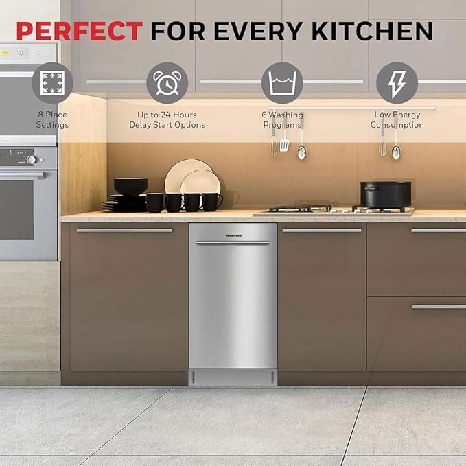 Honeywell 18-Inch Dishwasher with 8 Place Settings, 6 Washing Programs, Stainless Steel Tub, UL & Energy Star Certified, Stainless Finish
