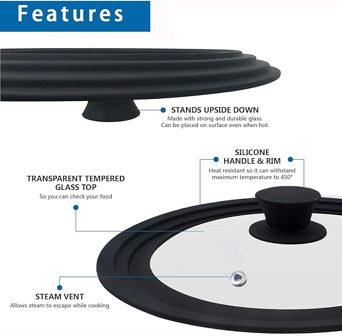 Universal Lid for Pots, Pans and Skillets - Tempered Glass with Heat Resistant Silicone Rim and Heat Resistant Handle Fits 10", 11" and 12" Diameter Cookware, Black