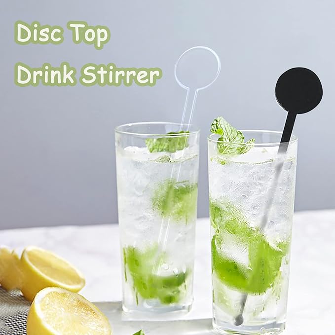 200Pcs Cocktail Swizzle Sticks, 7 Inches Disposible Plastic Disc Top Drink Stirrers Black Drinks Mixing Rod for Coffee Milk Cocktail Whiskey Beverage Bar (Black)