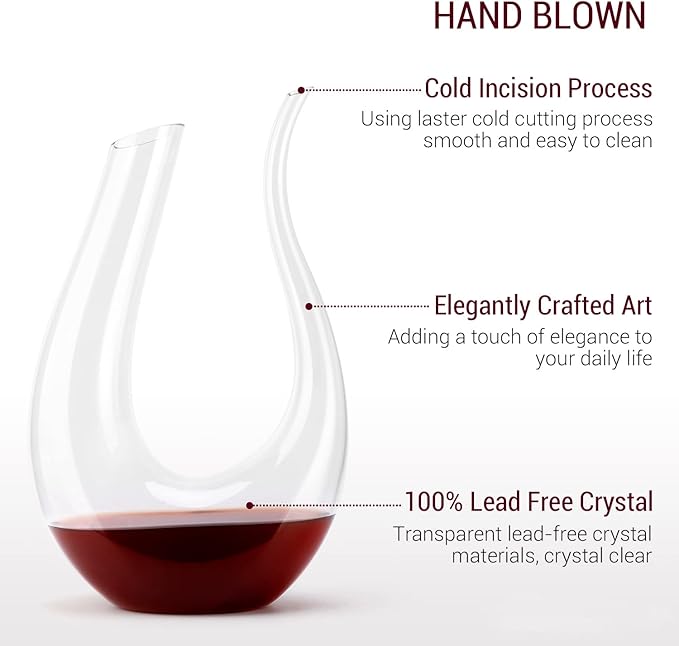 Wine Decanter with Cleaning Tools- Handmade Lead-free Crystal Swan-neck Decanter, Improves Wine Taste Smoother, Wine Accessories, Wine Gifts, 1500ml