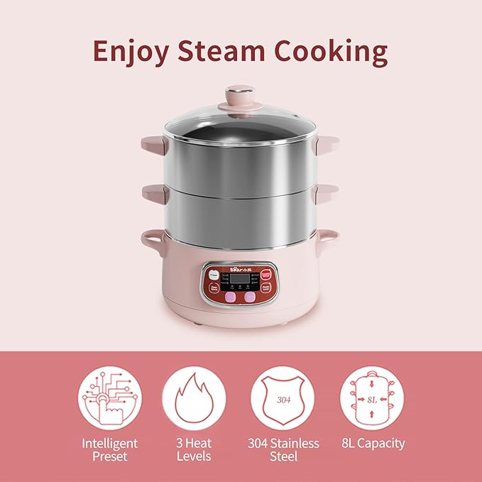 Bear Electric Multifunctional Food Steamer, One Touch Digital Steamer with Timer, Vegetable Steamer 2 Tiered Stackable Stainless Steel Baskets, Auto Shut-off & Anti-dry Protection, 1200W, 8.5Quart
