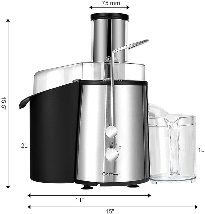 COSTWAY Juice Extractor, 75MM Wide Mouth Stainless Steel Juicer Machines, 2-Speed Setting High Speed Masticating Juicer Machine for Fruits and Vegetable with Slag Pot and Juice Jug, BPA-Free