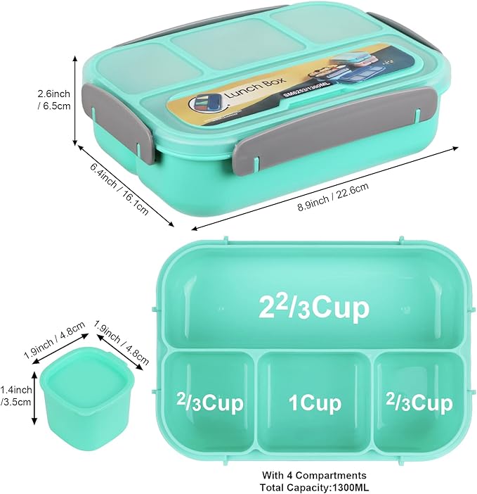 MaMix Bento Lunch Box Adult Lunch Box, Lunch Box Kids, Lunch Containers for Adults/Kids/Students,1300ML-4 Compartment Bento Lunch Box (green)