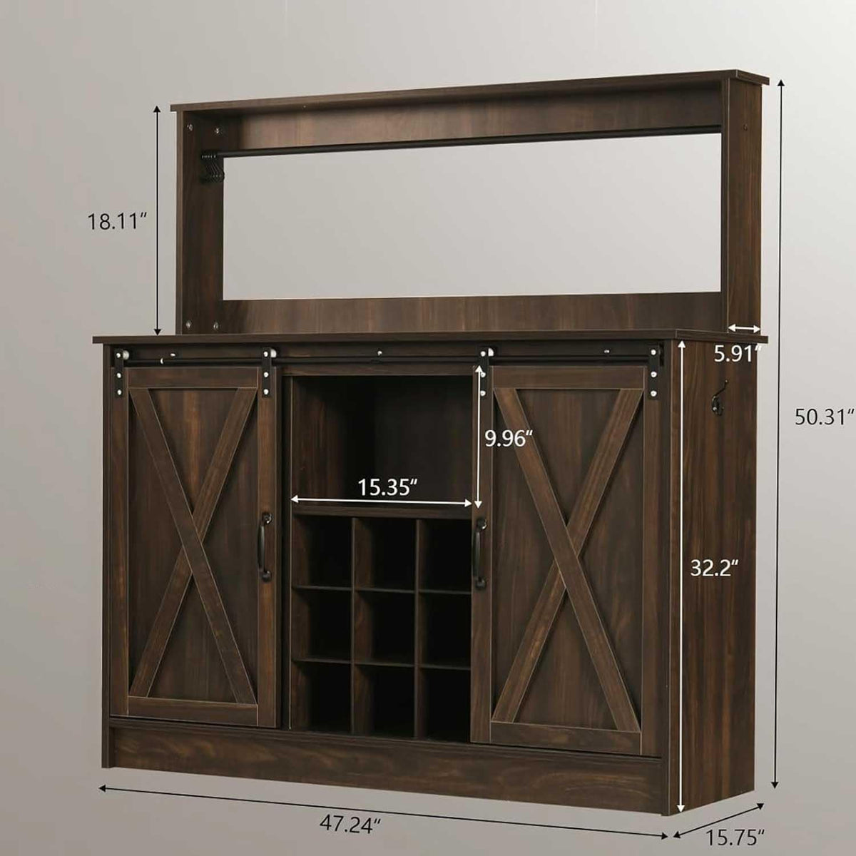 4ever2buy Farmhouse Coffee Bar Cabinet with Hutch and 6 Hooks, 47 Inch Wine Cabinet with Storage, Kitchen Buffet Cabinet with Adjustable Shelves &9 Wine Racks for Living Dining Room, Dark Oak