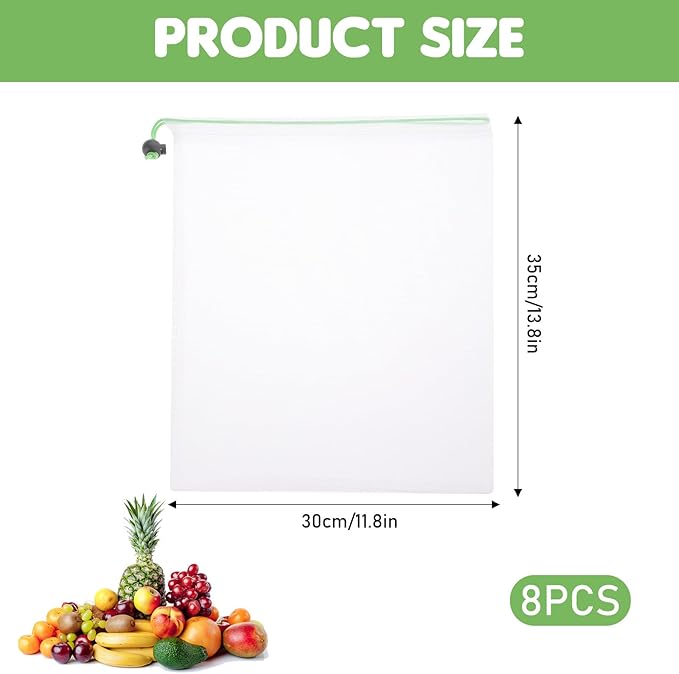 TIESOME 8PCS Reusable Produce Mesh Bags, Washable Vegetable Storage Bags With Drawstring Transparent Toy Organizer Bags Eco-Friendly Grocery Storage Mesh Bags for Farmers Market Refrigerator Storage