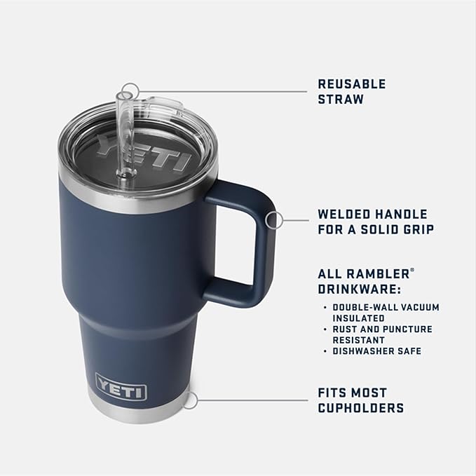 YETI Rambler 35 oz Straw Mug 2.0 - Double-Wall Vacuum Insulation for Cold Beverages – Dishwasher Safe – Cupholder Compatible – Reusable Straw – Comfortable Grip Handle – Travel Mug - Rescue Red
