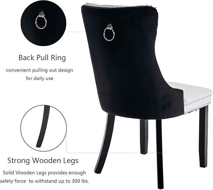 Dining Room Chairs Set of 4, Upholstered Dining Chairs with Back Ring Pull Trim and Solid Wood Legs, Modern Tufted Kitchen Chairs for Dining Room, White Pu Leather Splicing Black Velvet