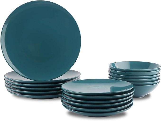 Amazon Basics 18-Piece Stoneware Dinnerware Set, Service for 6, Microwave and Dishwasher Safe, Plates and Bowls, Deep Teal