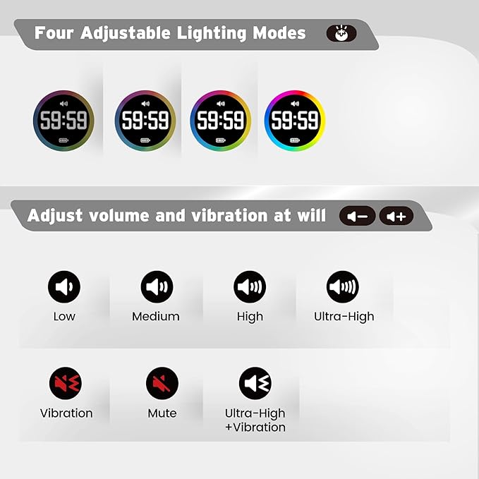 Printers ack Pomodoro Timer - Productivity Cube, Visual Focus Timer, Mute & Vibration & Adjustable Sound Alert, for Office, ADHD, Study, Work, 3/5/10/25/30/60min & Custom Countdown - Silver