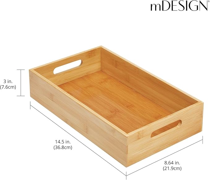 mDesign Wide Bamboo Office Desk Drawer Organizer Tray Bin with Handles - Organizer for School Supplies, Pens, Pencils, Notepads, Staplers, Envelopes - Echo Collection, 2 Pack, Natural Wood Finish