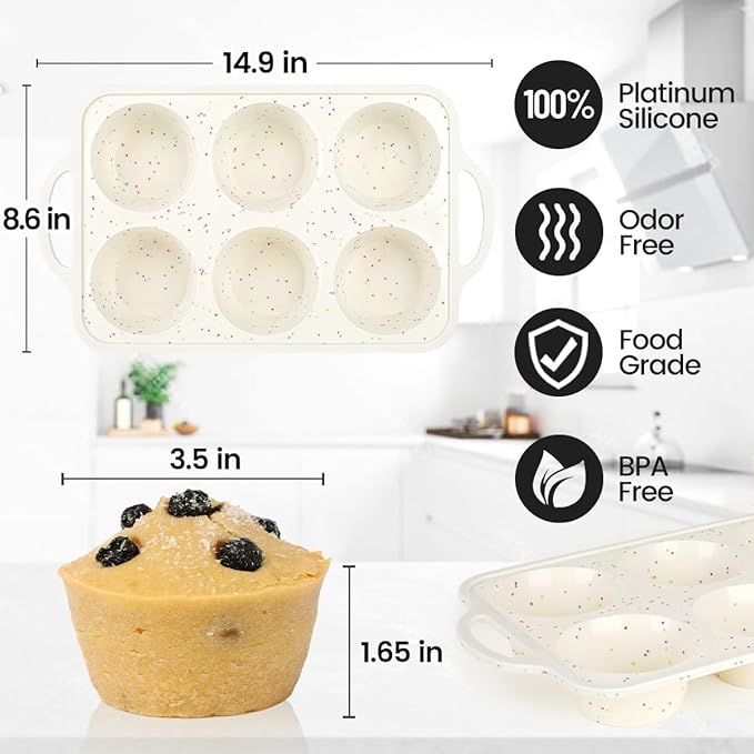 CAKETIME Large Muffin Pan, Metal Reinforced Frame 3.5 Inch Jumbo Silicone Muffin Pan Nonstick 6 Cups for Baking Jumbo Muffin, Frittatas, Jumbo Cupcakes 2 Pack Confetti