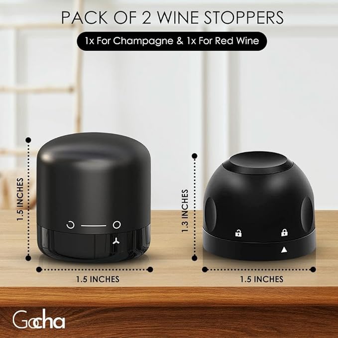 GOCHA | Champagne Stoppers With Vacuum Built-in | 1.5 inch Silicone Twist Top Wine Stopper | Reusable, Leak Proof (1 Wine + 1 Champagne Cork Stopper) | (Pack of 2)
