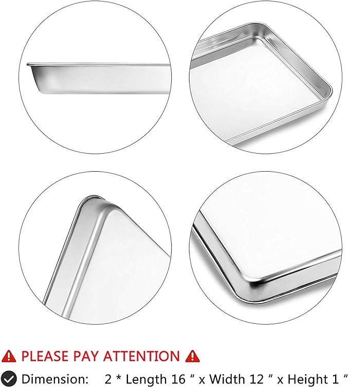 Baking Sheets Set of 2, Bastwe 16 inch Cookie Sheets & Stainless Steel Baking Pans & Toaster Oven Tray Pans, Rectangle Size 15.95L x 11.97W x 1H inch, Non Toxic & Healthy, Mirror Finish & Rust Free