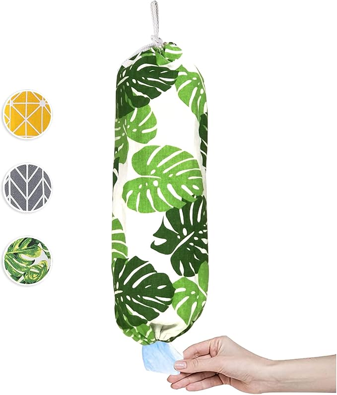 Green Wall Mount Plastic Bag Organizer - Washable Large Grocery Bag Storage Dispenser for Home Kitchen Travelling, Free Adjustment with Drawstring, 22x9