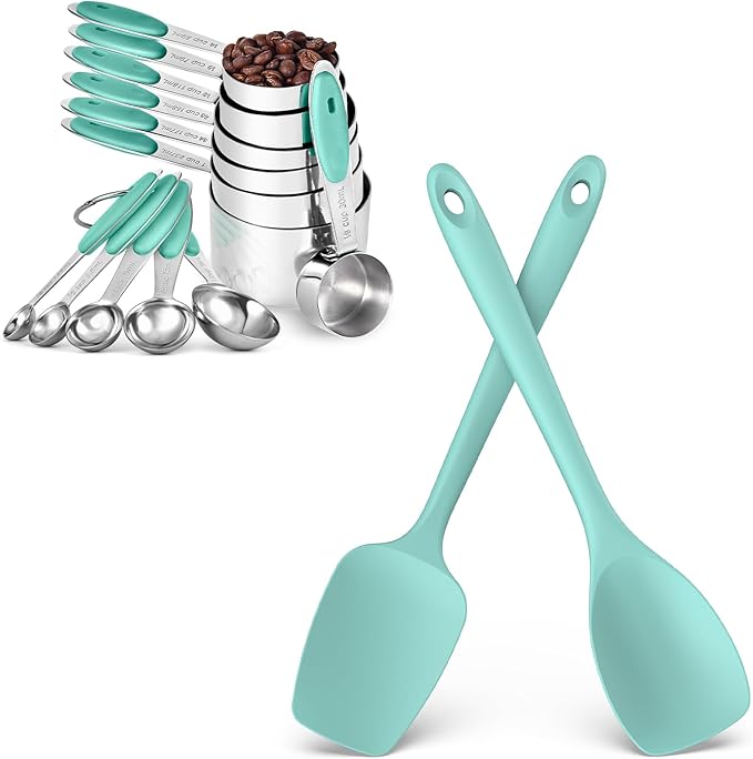 U-Taste 18/8 Stainless Steel Measuring Cups and Spoons Set of 12 and 600ºF Heat Resistat Silicone Flexible Baking Spoon Spatula & Cooking Scoop Spoonula (Aqua Sky)