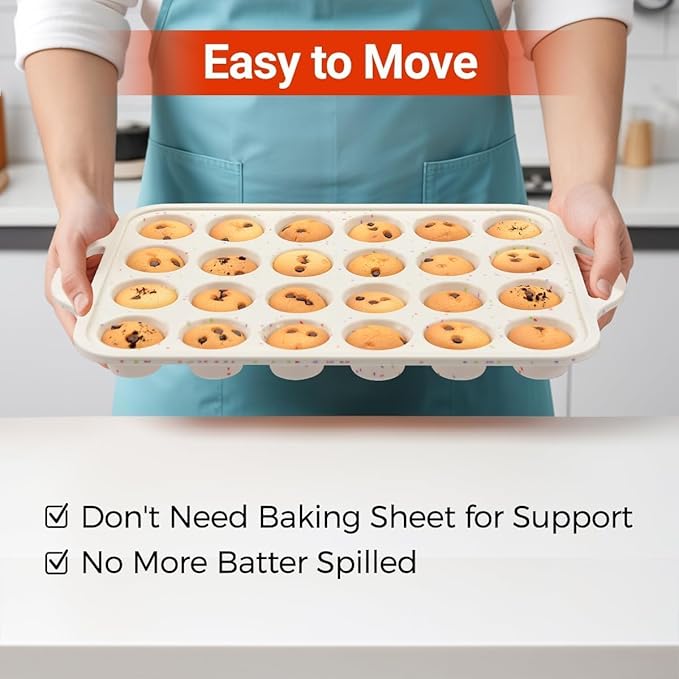 CAKETIME Metal Reinforced Frame Silicone Cupcake Pans-24 Cups 2Pcs & 4 Inch Metal Frame Round Egg Baking Pan 2Pcs