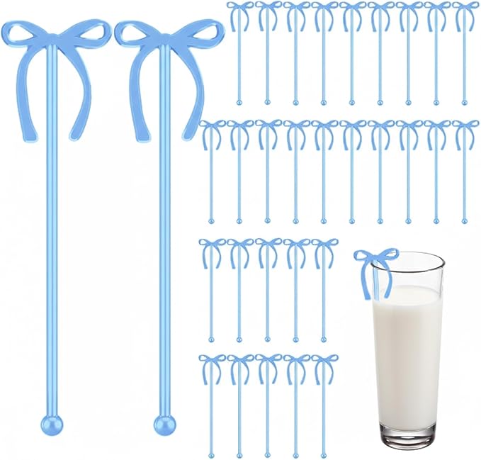 SiliFine 30 Pcs 6 Inch Party Drink Stirrers, Bow Stir Sticks Coffee Stirrers Reusable Plastic Swizzle Sticks for Wedding Birthday Bridal Cocktail Decorations Galentines Supplies(Blue)