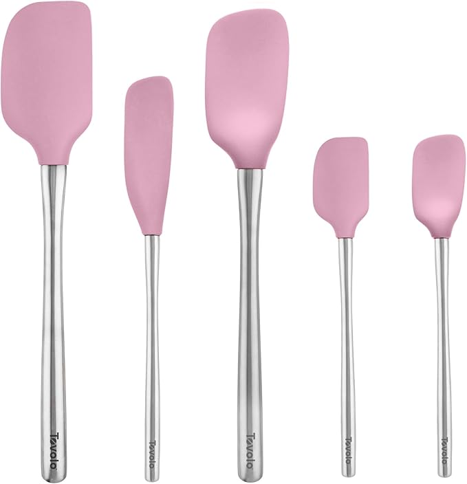 Tovolo Stainless Steel Handled Silicone Spatula Set of 5 Pink Sorbet, Dishwasher Safe Kitchen Spatula Set for Cooking Baking, Non Toxic BPA Free Silicone Spatula set with Metal Steel Handle