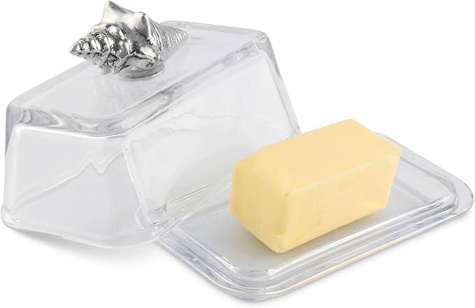Arthur Court Glass Butter Dish with Lid Shell Knob | Classic 2-Piece Design Covered Butter Keeper | Covers and Holds a Standard Stick of Butter | Ocean / Seaside Décor