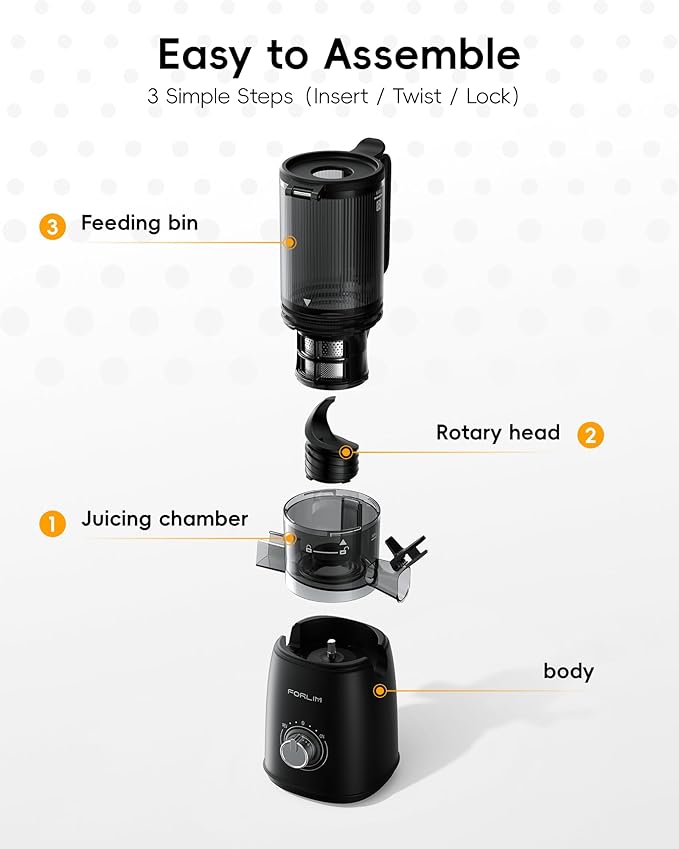 FORLIM High-Yield Cold Press Juicer, Easy to Clean, Powerful Juicer Machines with Large Feed Chute for Whole Vegetables and Fruits, Self Feeding (Black)