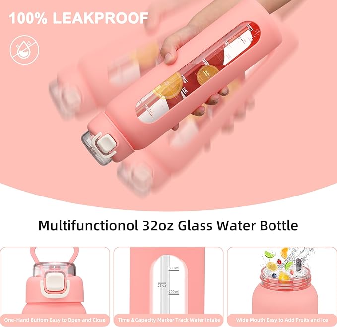chunmo 32 oz Glass Water Bottles with 2 Lids-Handle Spout Lid & Straw Lid, 1 Liter Motivational Borosilicate Water Bottle with Time Marker and Silicone Sleeve,Leakproof-Pink-1 Pack