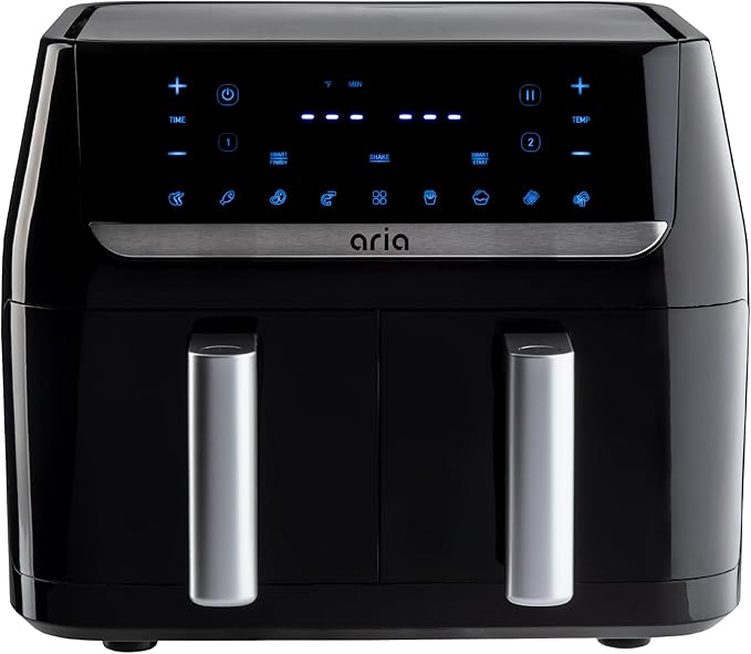 Aria 10Qt Dual Basket Air Fryer, Double 5Qt Basket Efficiency, Smart Sync Cooking, 8 Versatile Presets, Intuitive Touch Controls, and Dishwasher-Safe Baskets