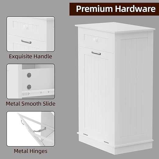 Wooden Tilt Out Trash Can Cabinet, 10 Gallon Dog Proof Garbage Can Holder, Kitchen Island with Laundry Hamper, White