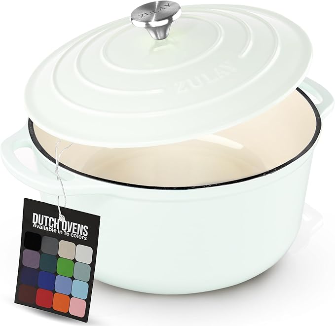 Zulay Kitchen 6 Quart Enameled Cast Iron Dutch Oven Pot with Lid – Premium Durability & Oven Safe up to 500°F – Heavy Duty Cookware Perfect for Bread Baking, Stews, Braising & Roasting - White