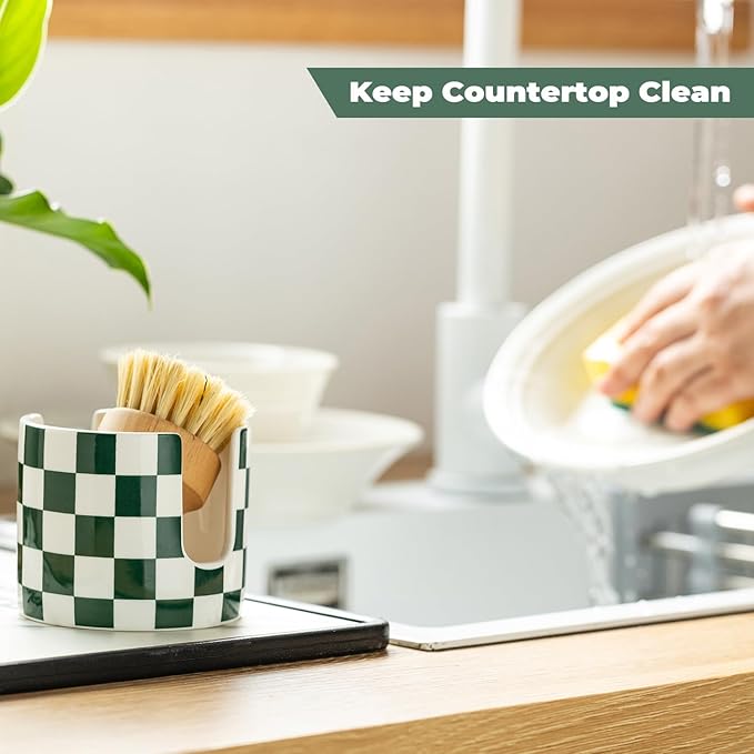 Ceramic Kitchen Sponge Holder, Dish Sponge Holder Suitable for Scrubby Farmhouse Drying Rack Brush Holder for Christmas Bathroom, Kitchen, Sink, Green and White