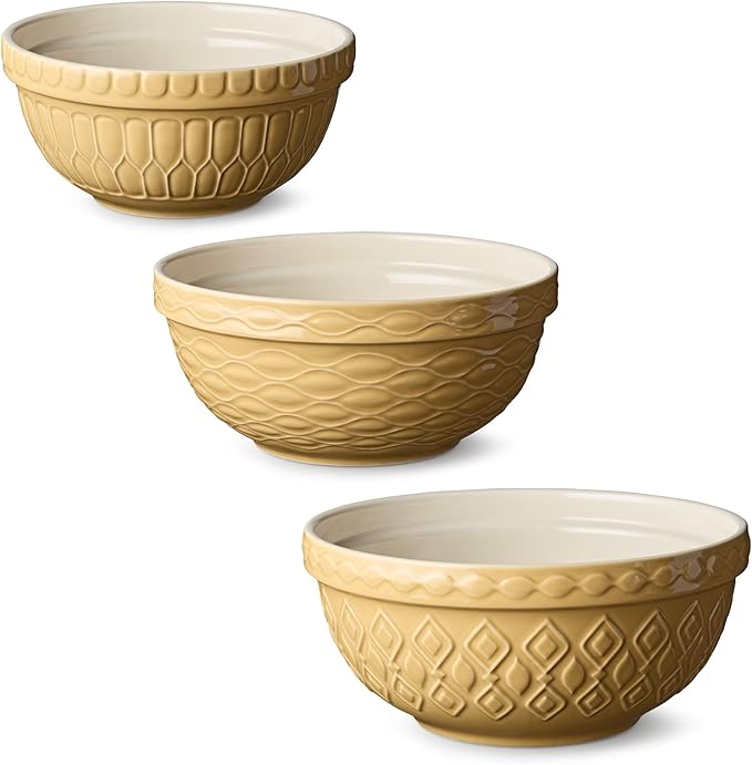 Vintage Farm Stoneware Mixing Bowl Set, 3-Piece, Includes 2 Qt, 3 Qt & 4.25 Qt Bowls, Embossed Patterns in Golden-Honey Finish, Durable & Nesting Design, Perfect for Mixing, Baking & Serving