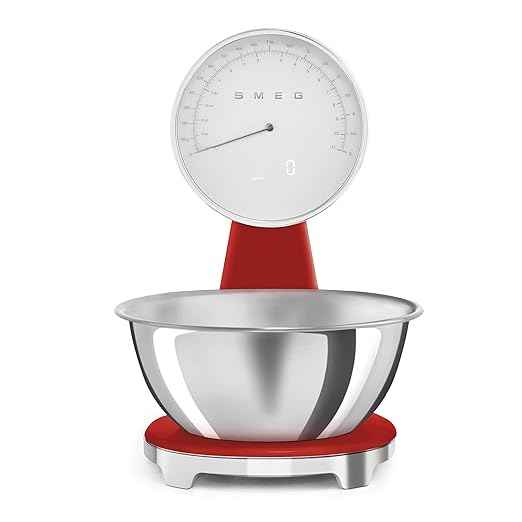 SMEG Retro-Style Analog & Digital Kitchen Scale, 11 lb Capacity, Rechargeable Battery, Backlit LCD Display, Stainless Steel Bowl (Red)