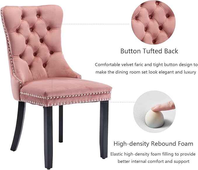 Pink Velvet Dining Chairs Set of 2, Upholstered Dining Room Chairs with Back Ring Pull Trim and Solid Wood Legs, Tufted Wingback Kitchen Chairs for Dining Room,Living Room,Kitchen(Pink)