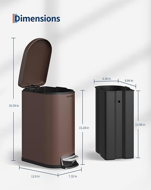 2.6 Gallon Bathroom Trash Can with Lid, Slim Step Pedal Garbage Bin, Stainless Steel Wastebasket with Soft-Close Lid, Removable Inner Bucket & Rear Handle for Bathroom, Office & Small Spaces-Brown