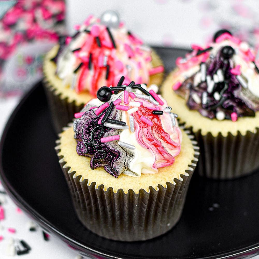 Black Pink Sprinkles for Cake Decorating, Baking - Fancy Minnie Mouse Sprinkles for Cupcake Decorating - Edible Minnie Mouse Cake Decorations in Pink and Black Princess with Jimmies, Pearls