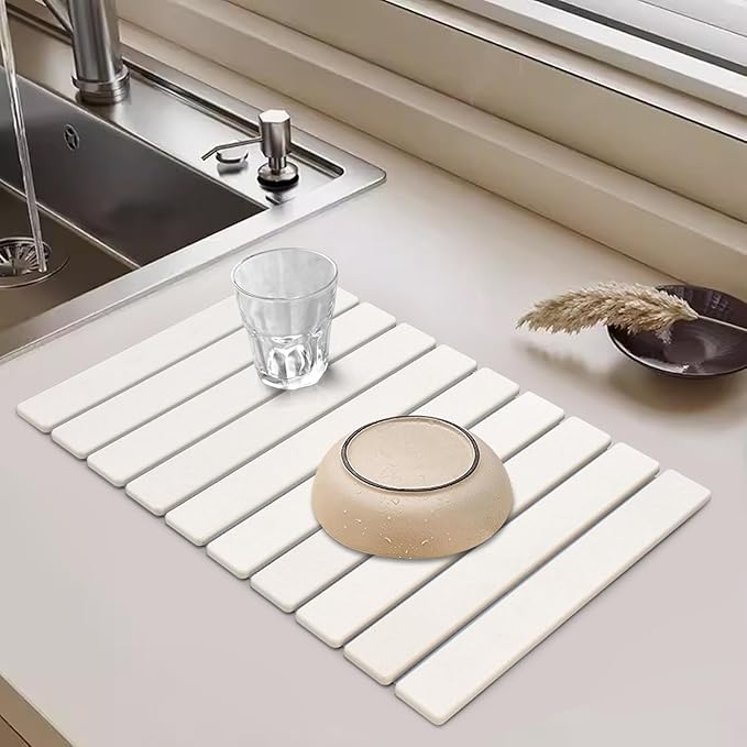 Large Stone Dish Drying Mats for Kitchen Counter, 24"(L)×16"(W), Quick Drying Collapsible Dish Drying Mats, Eco-Friendly Absorbent Diatomaceous Earth Mats for Dishes Bottles Cups, Match Any Countertop
