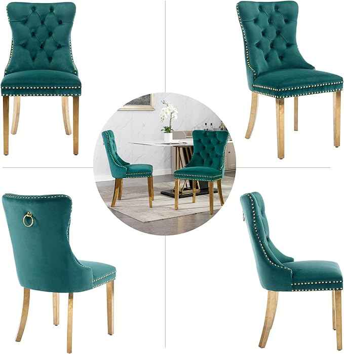 Velvet Dining Room Chairs Set of 4, Upholstered Dining Chairs with Back Ring Pull Trim and Golden Stainless Steel Legs,Modern Dining Chair Perfect for Dining Room,Living Room,Kitchen(Green)