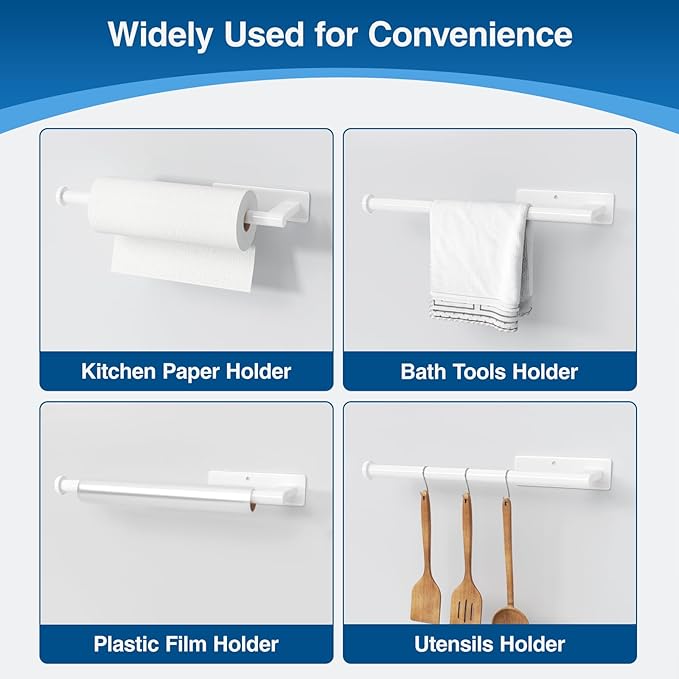 Paper Towel Holder Under Cabinet - Stainless Steel Paper Towel Holder Wall Mount, Self-Adhesive or Drilling, Matte White Towel Rack for Kitchen Organization and Storage, Kitchen Paper Roll Holder
