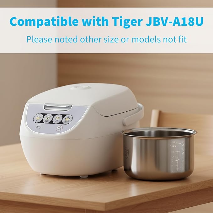 Rice Cooker 10 Cup Inner Pot Compatible with Tiger JBV-A18U Only,Non-Stick 304 Stainless Steel,Rice Cooker Rplacement Pot,Dishwasher Safe