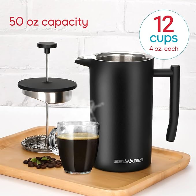 Belwares French Press Coffee Maker - Large 50oz 6-Cup, 304 Stainless Steel Coffee Press, Double Wall Insulated Heat Retention, 4-Level Filtration for Smooth Ground-Free Coffee, 2 Extra Filters, Black